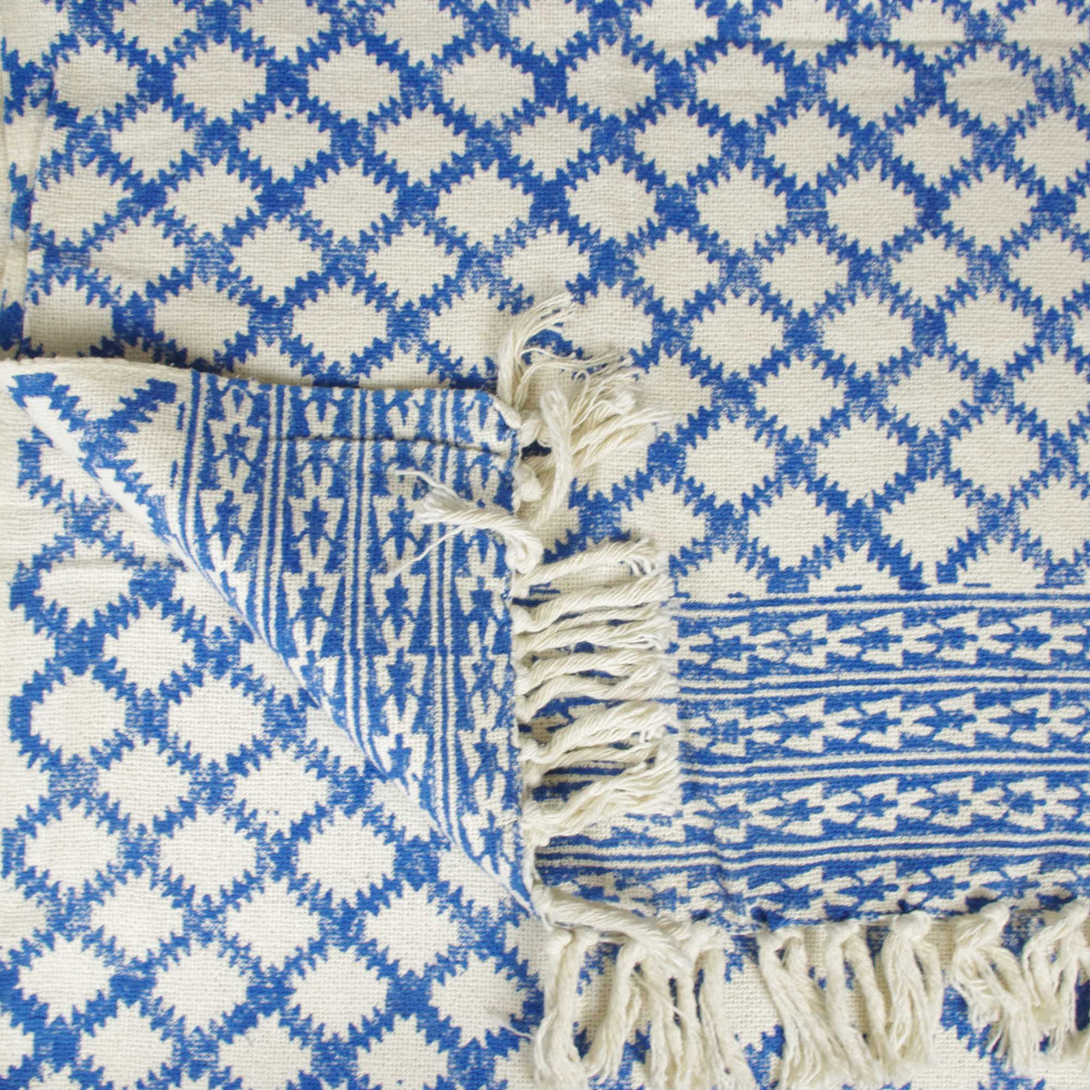 Block Printed Handloom Cotton Sofa Throw With Tassels - Blue White Geometric