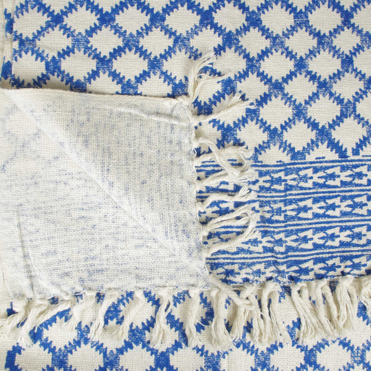 Block Printed Handloom Cotton Sofa Throw With Tassels - Blue White Geometric