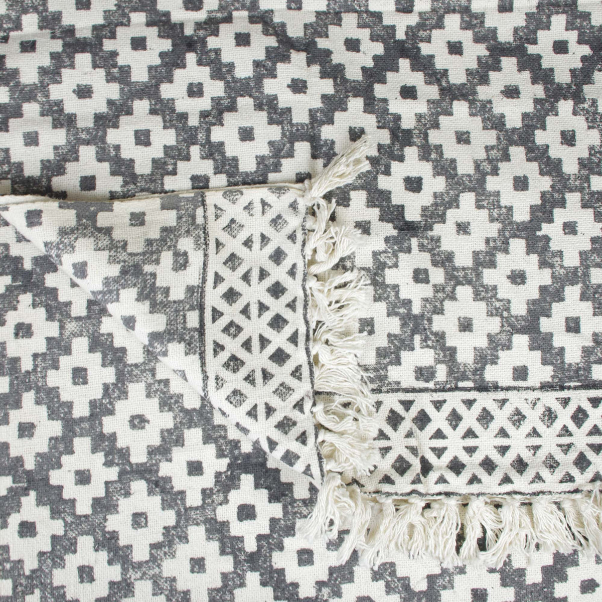 Block Printed Handloom Cotton Sofa Throw With Tassels -  Grey White Geometric