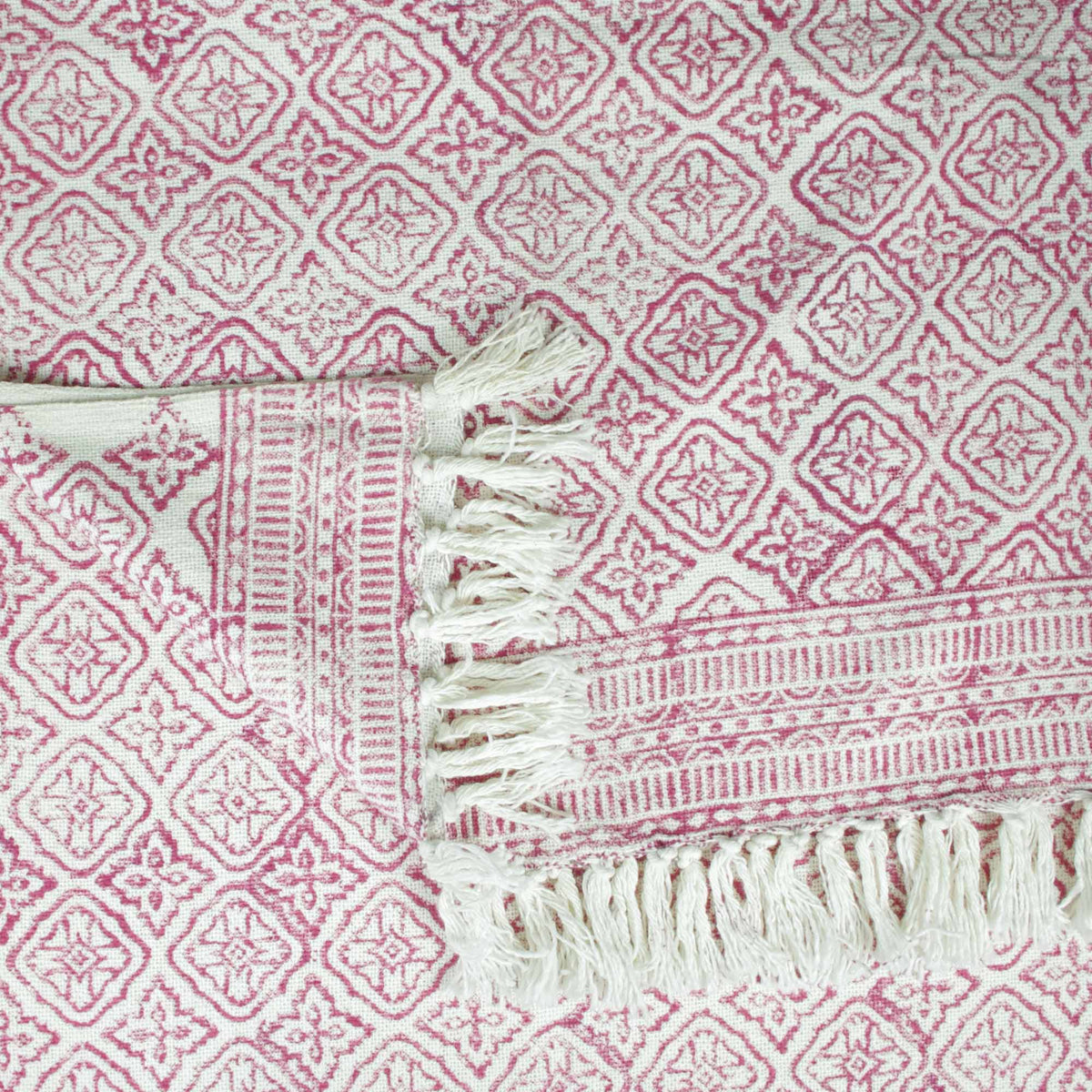 Block Printed Handloom Cotton Sofa Throw With Tassels -  Pink White Geometric