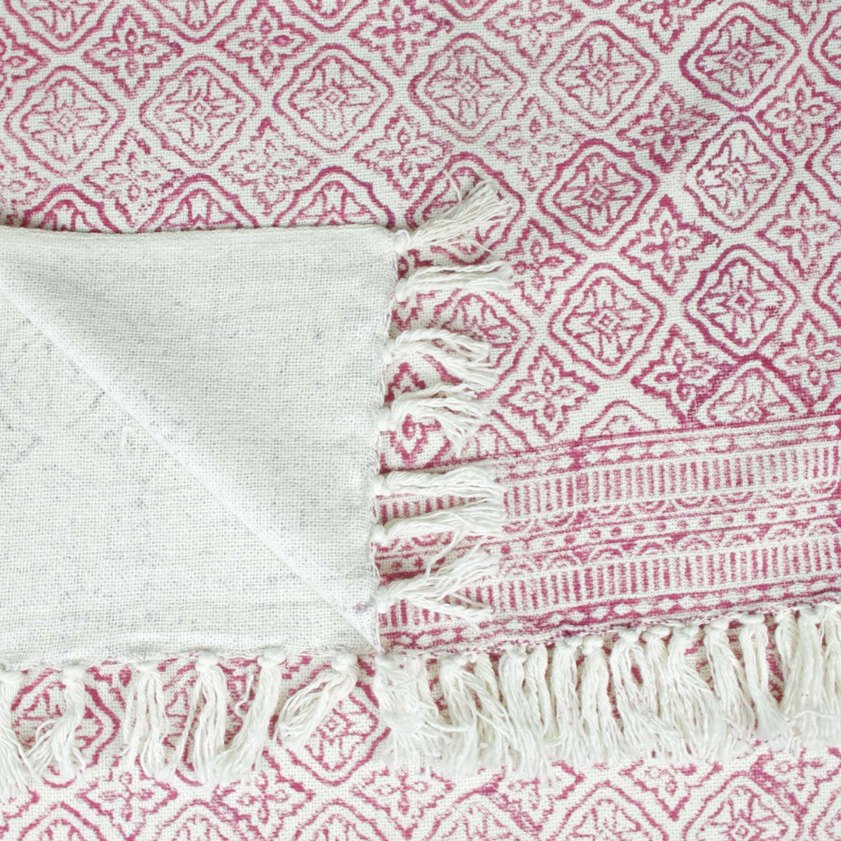Block Printed Handloom Cotton Sofa Throw With Tassels -  Pink White Geometric