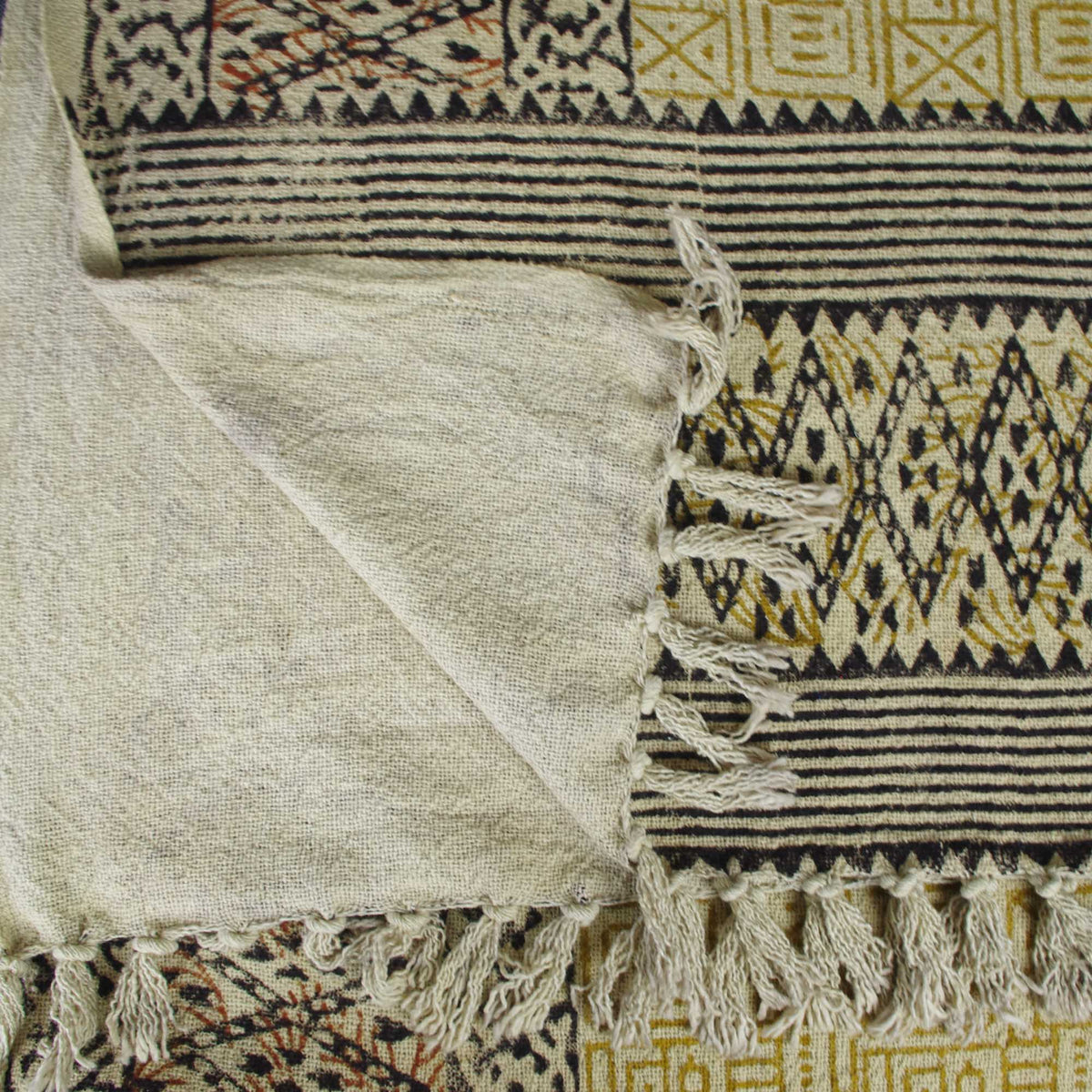 Handloom Mud Cloth Block Printed Cotton Sofa Throw With Tassels - Abstract