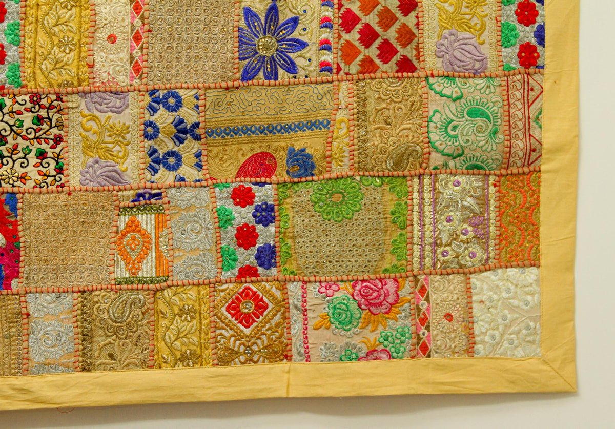 Yellowish Beige Indian Vintage Bohemian Handmade Wall Hanging