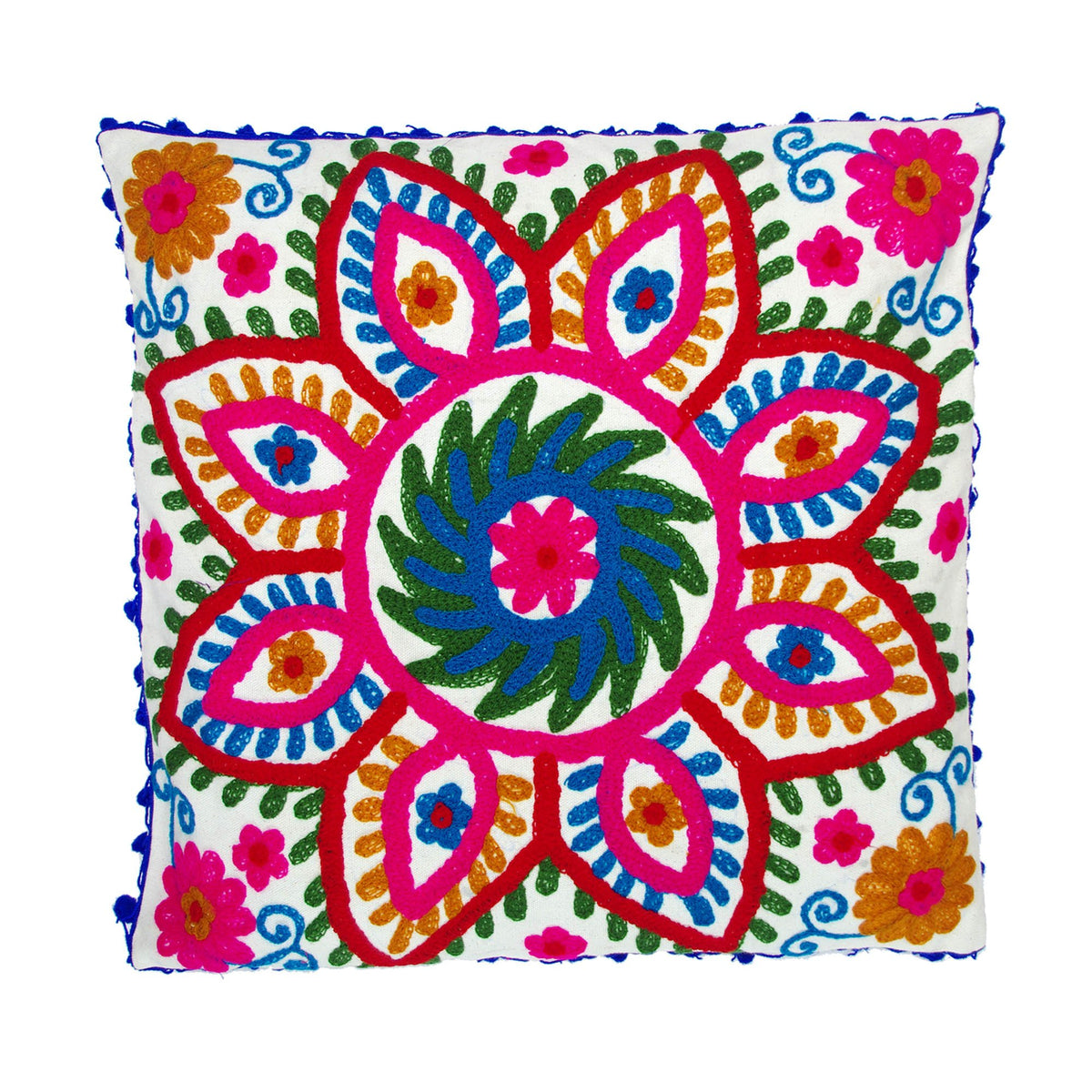 Decorative SUZANNE Floral Print & Woolen Embroidered Cotton Cushion Cover With Pom Pom Multicoloured 2-Kantha Decor