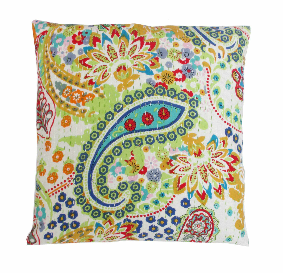 Floral White Paisley Print Kantha Cushion Cover-Kantha Decor