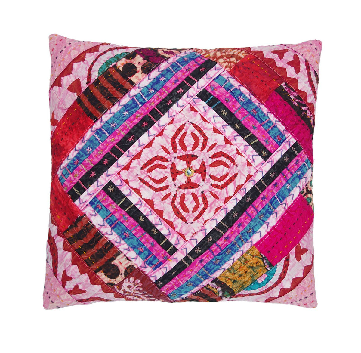 Indian Pink Siyaram Handmade Cotton Patchwork Cushion Cover-Kantha Decor
