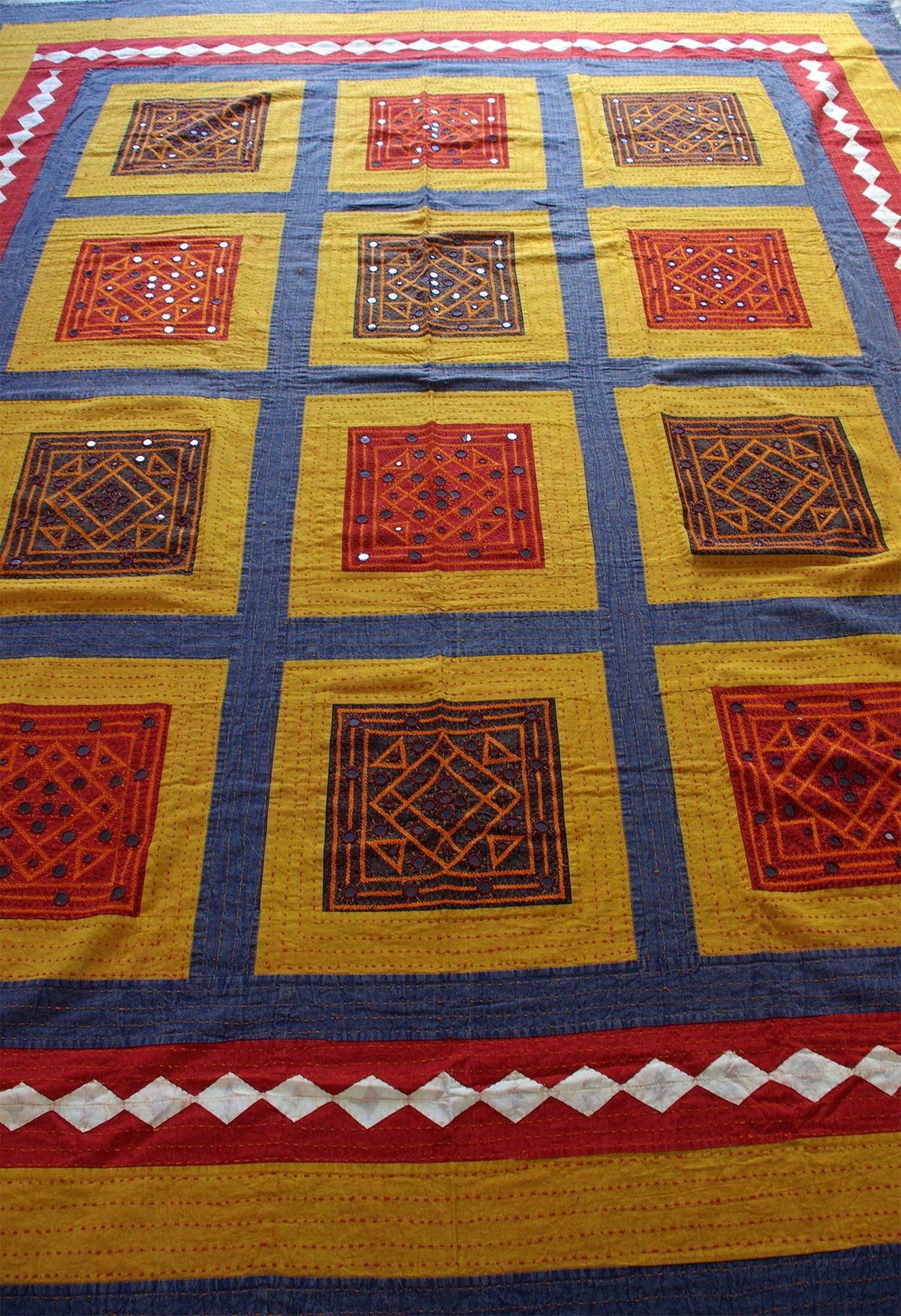 Multicoloured Mirror patchwork Indian Bedspread-Kantha Decor