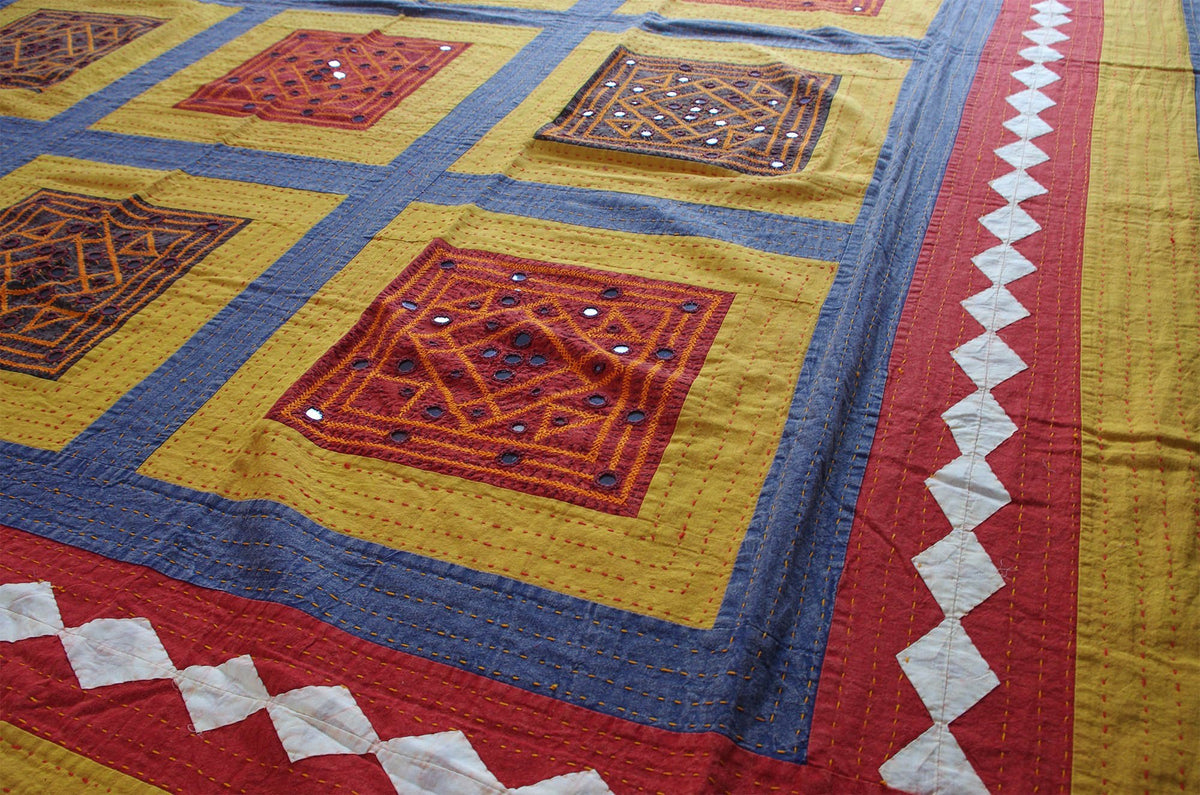 Multicoloured Mirror patchwork Indian Bedspread-Kantha Decor