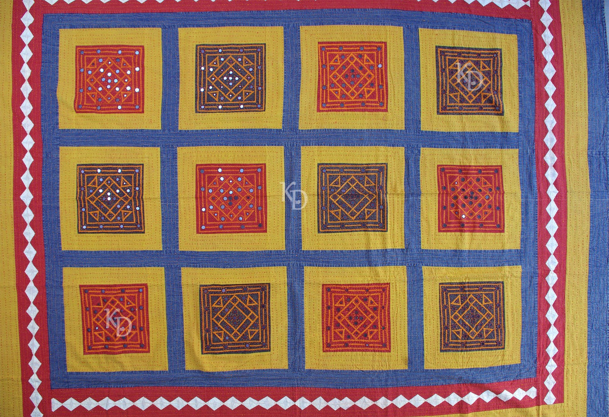 Multicoloured Mirror patchwork Indian Bedspread-Kantha Decor