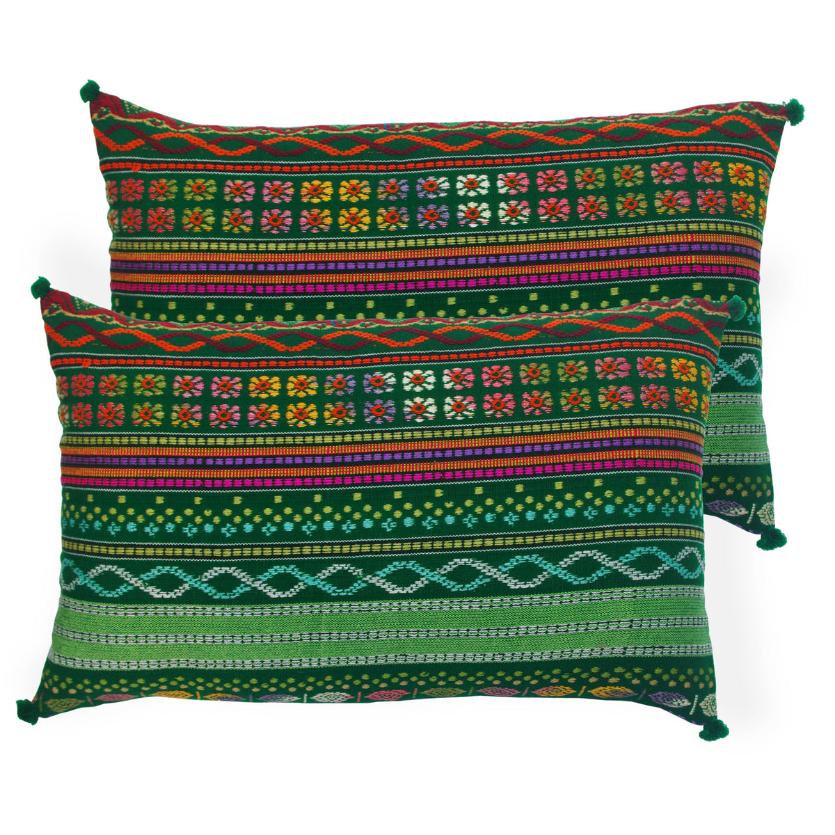Pack of 2 Oblong Handloom Cotton Pillow Covers - Green