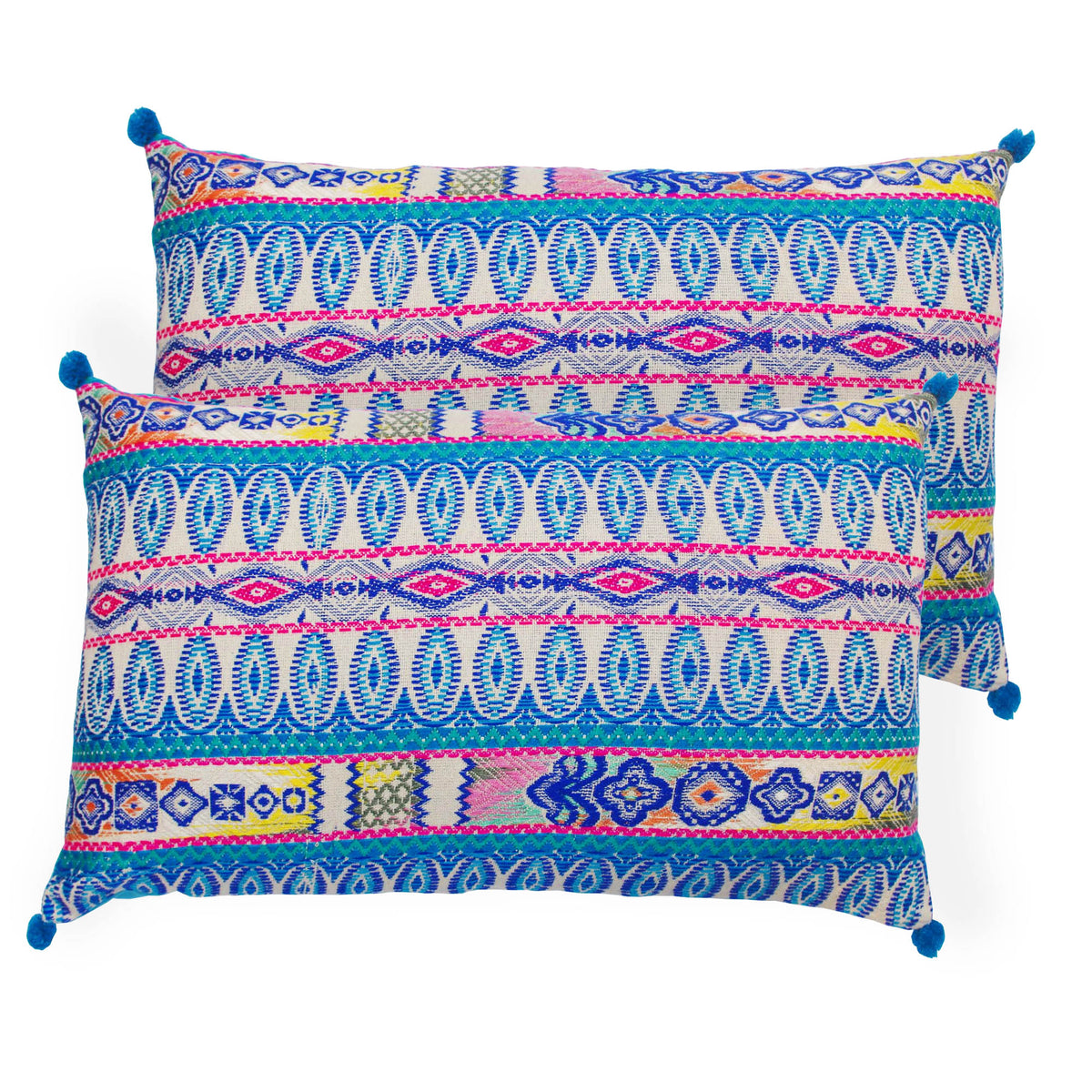 Pack of 2 Oblong Handloom Cotton Pillow Covers - Blue