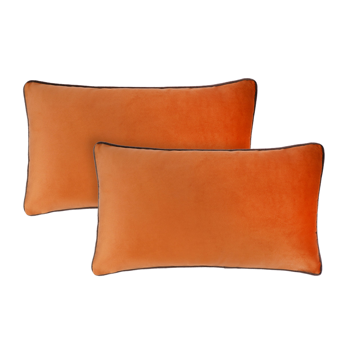 Set of 2 Soft Velvet Cushion Cover 30 x 50cm - Pumpkin Mustard Base & Coffee Piping