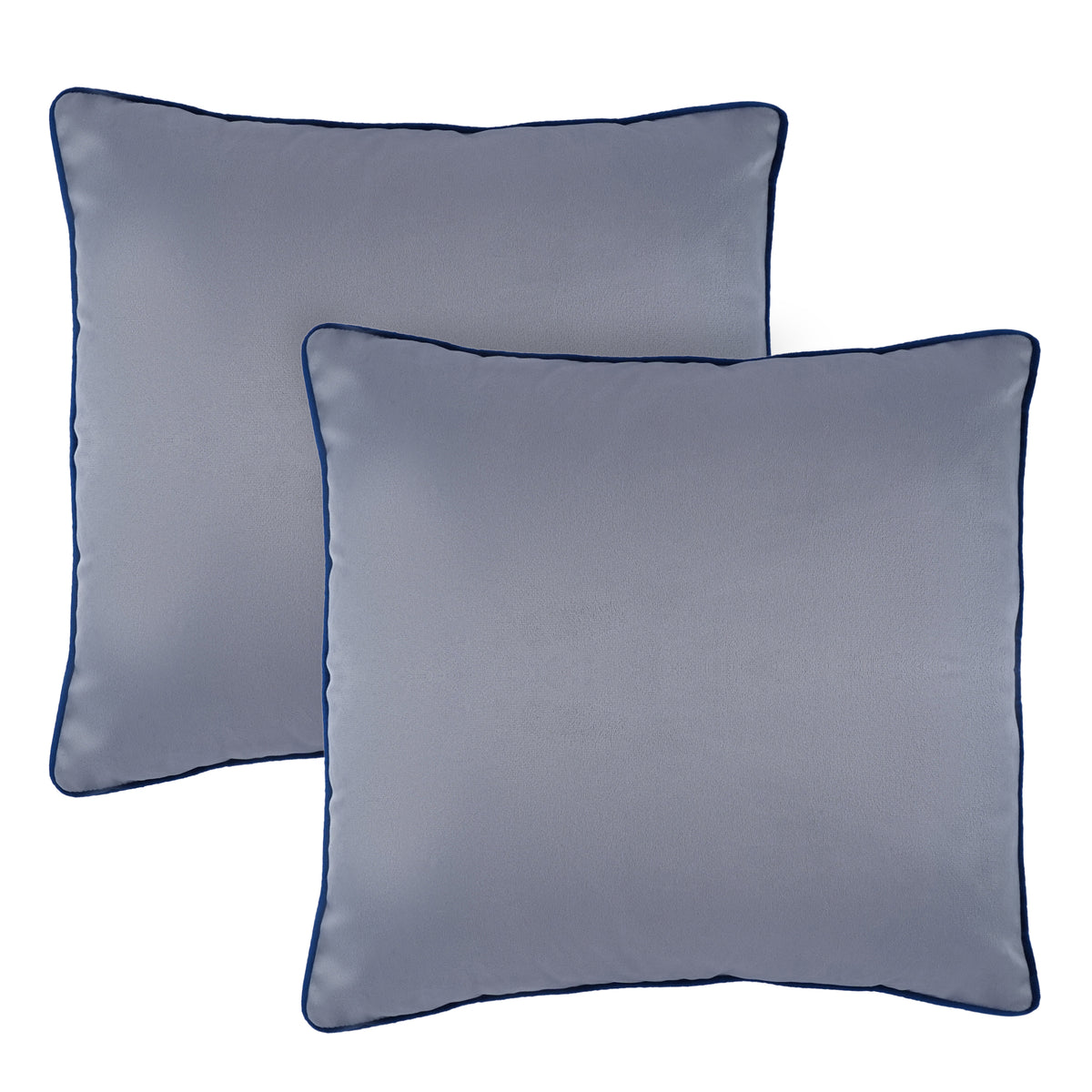 Set of 2 Soft Velvet Cushion Cover 18 x 18 inches - Grey Base & Navy Piping