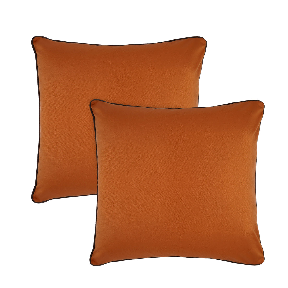 Set of 2 Soft Velvet Cushion Cover 18 x 18 inches - Pumpkin Mustard Base & Coffee Piping