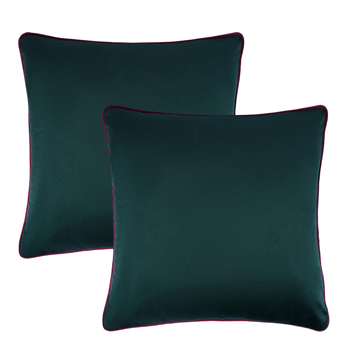 Set of 2 Soft Velvet Cushion Cover 18 x 18 inches - Bottle Green Base & Burgundy Piping