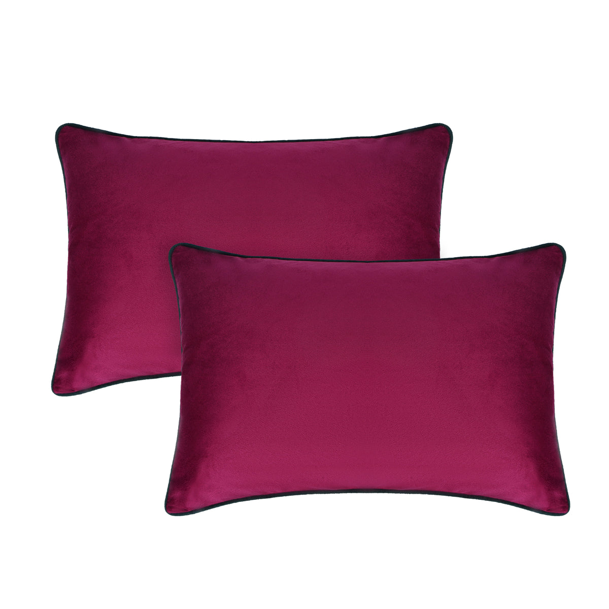 Set of 2 Soft Velvet Cushion Cover 30 x 50cm - Burgundy Base & Bottle Green Piping