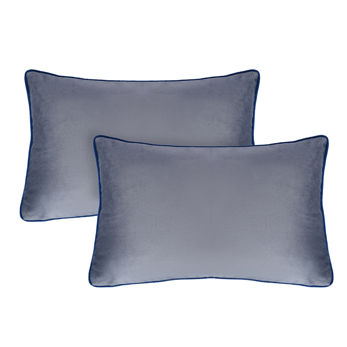 Set of 2 Soft Velvet Cushion Cover 30 x 50cm - Grey Base & Navy Piping