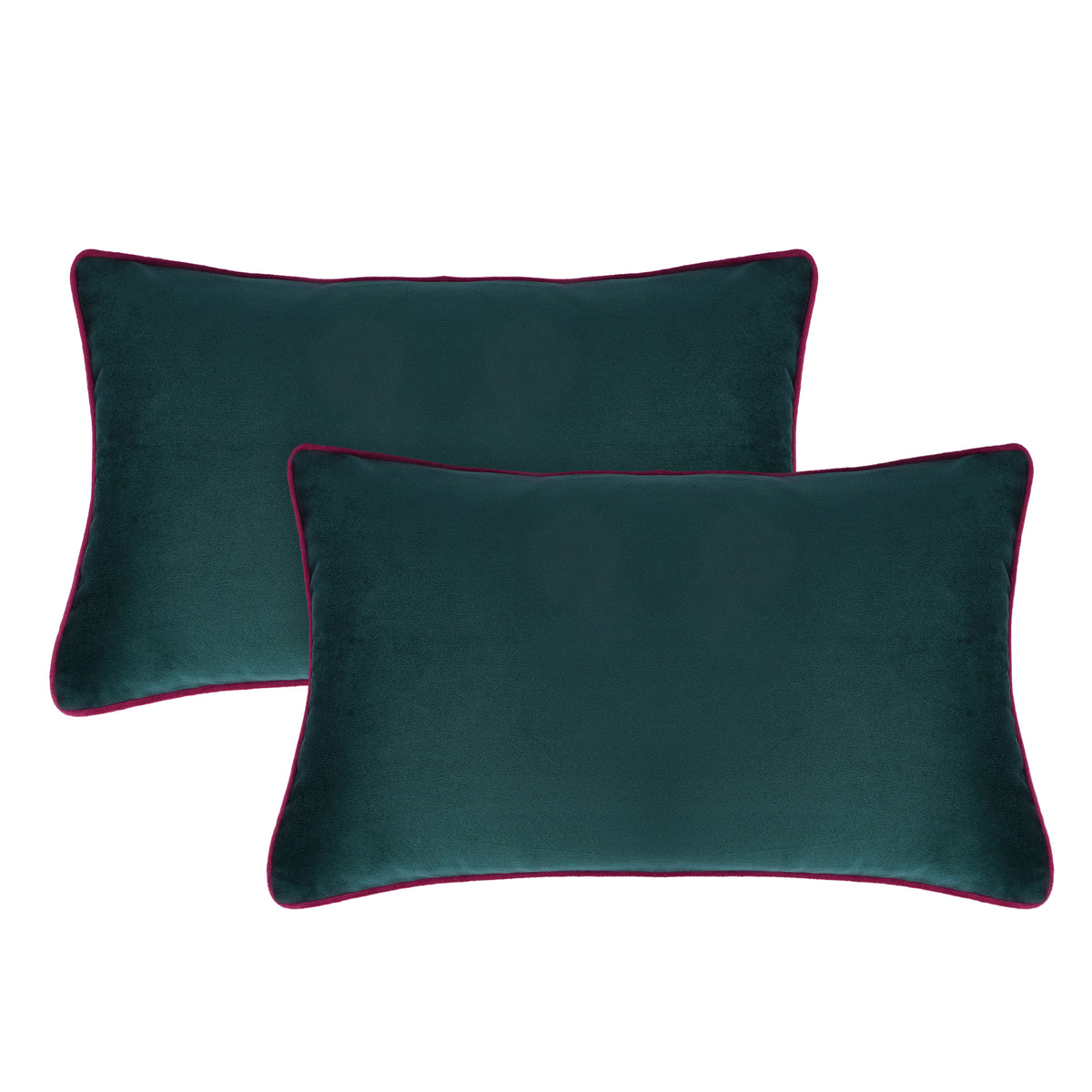 Set of 2 Soft Velvet Cushion Cover 30 x 50cm  - Bottle Green Base & Burgundy Piping