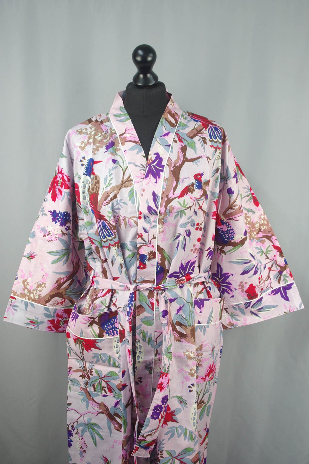 Peach Tropical Birds Cotton Kimono Dressing Gown