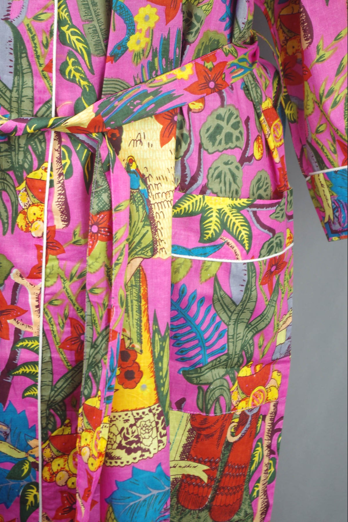 Pink Frida Kahlo Floral Print Cotton Kimono Dressing Gown