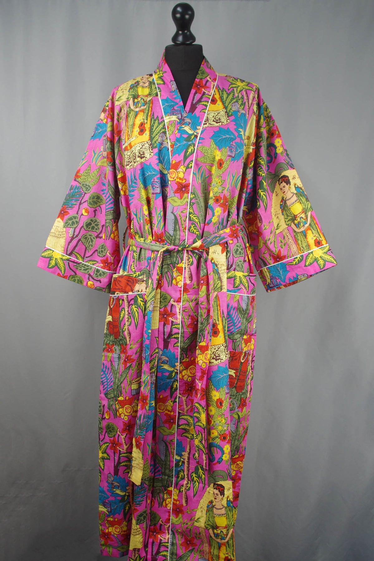 Pink Frida Kahlo Floral Print Cotton Kimono Dressing Gown