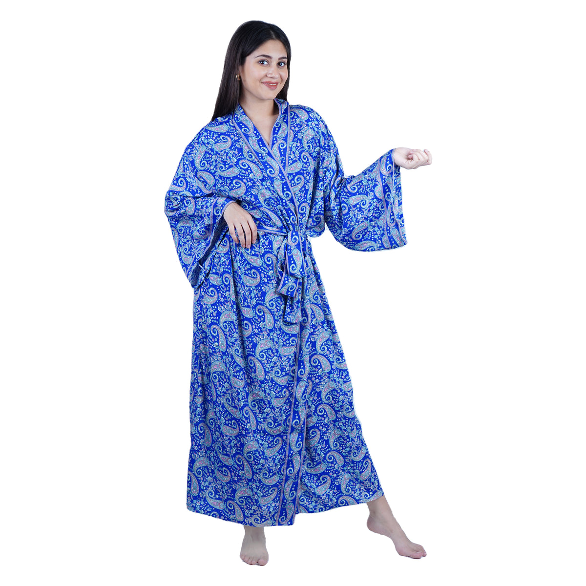 New Luxury Silk Boho Kimono House Robe - Blue Paisley