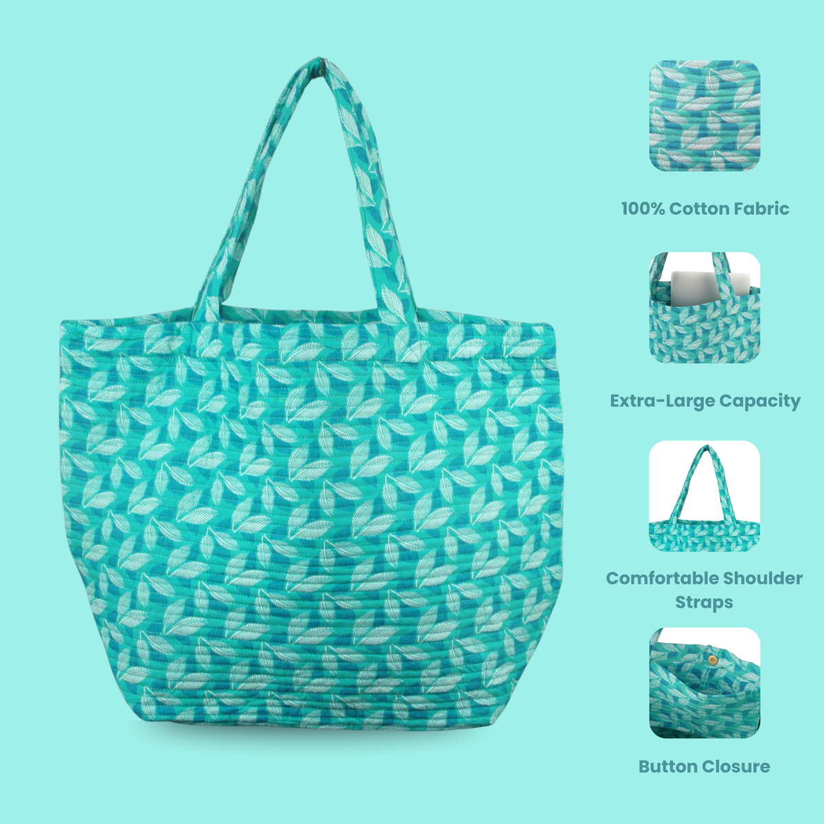 Cotton Quilted Large Shopping / Beach Bag - Teal Blue Leaves