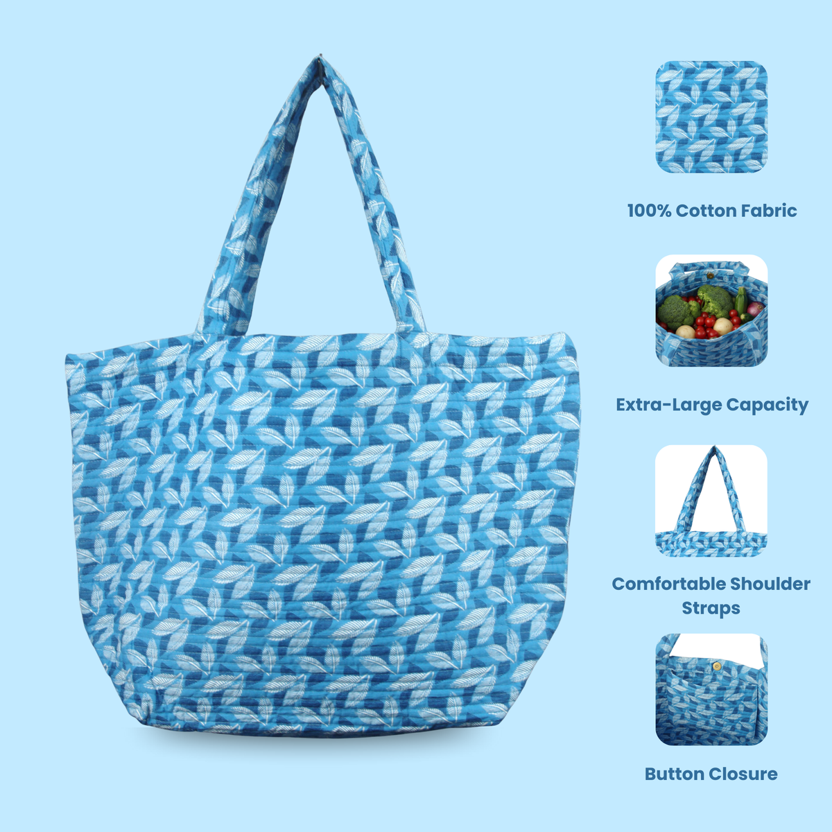 Cotton Quilted Large Shopping / Beach Bag - Blue Leaves