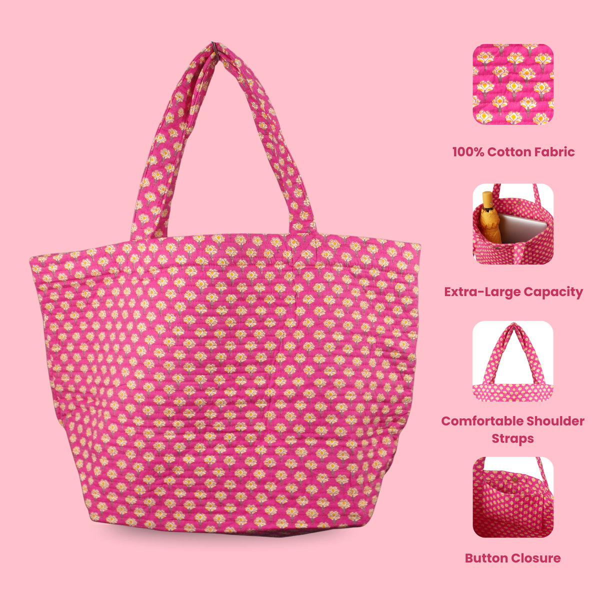 Cotton Quilted Large Shopping / Beach Bag - Yellow Flowers On Pink