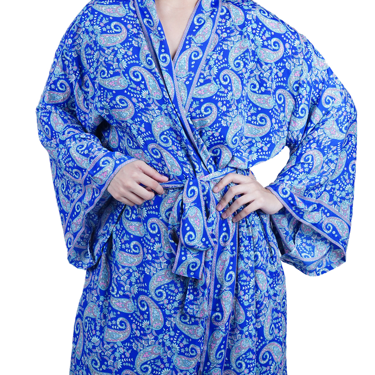 New Luxury Silk Boho Kimono House Robe - Blue Paisley