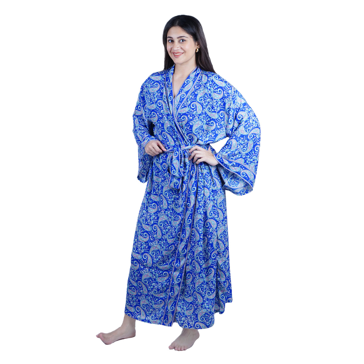 New Luxury Silk Boho Kimono House Robe - Blue Paisley