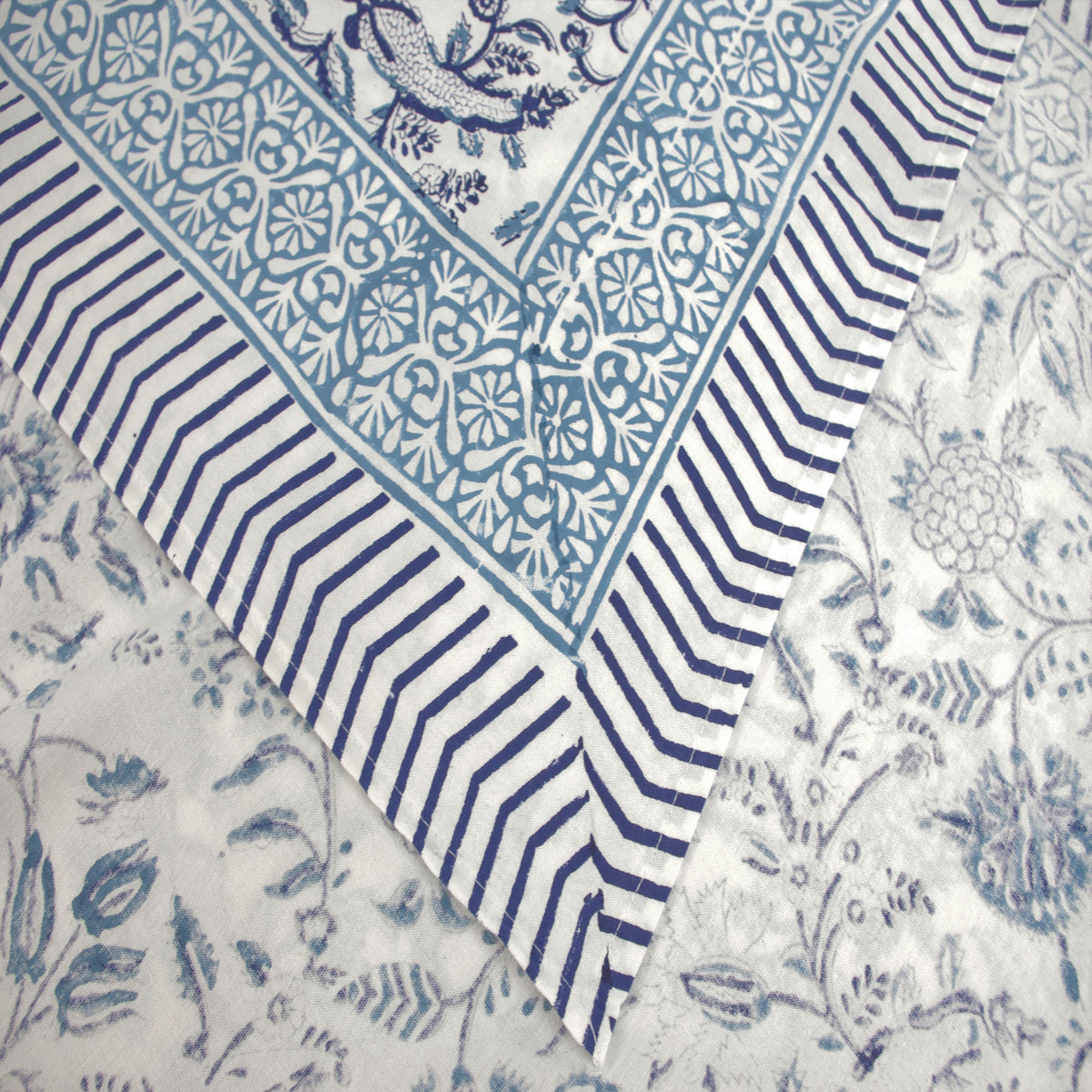 White Blue Meadow Block Printed Rectangle Tablecloth Table Cover