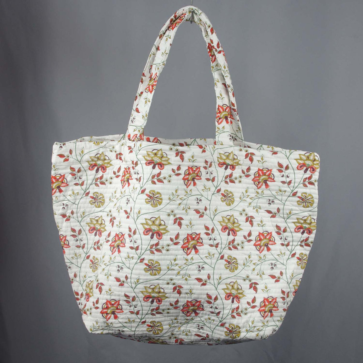 Cotton Quilted Large Shoppping / Beach Bag - White Red and Sand Brown Floral
