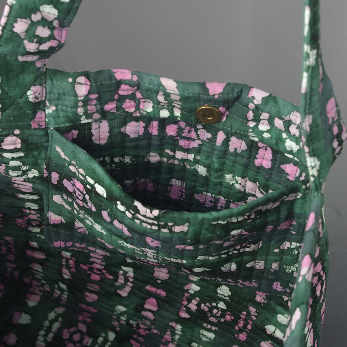 Cotton Quilted Large Shoppping / Beach Bag - Mineral Green And Pink