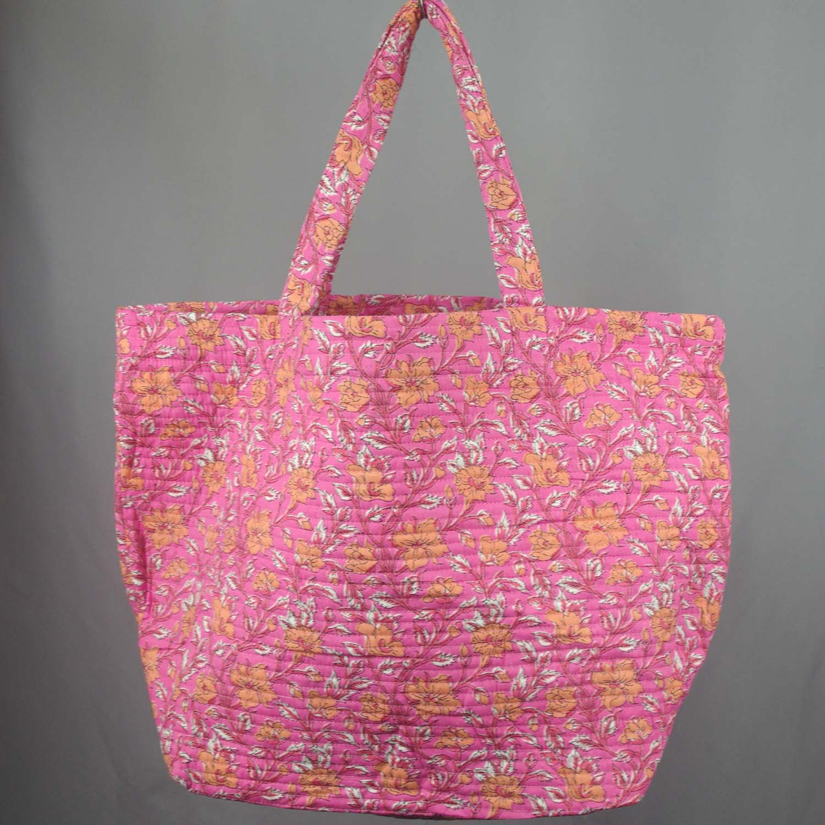 Cotton Quilted Large Shoppping / Beach Bag - Pink Orange Floral Print