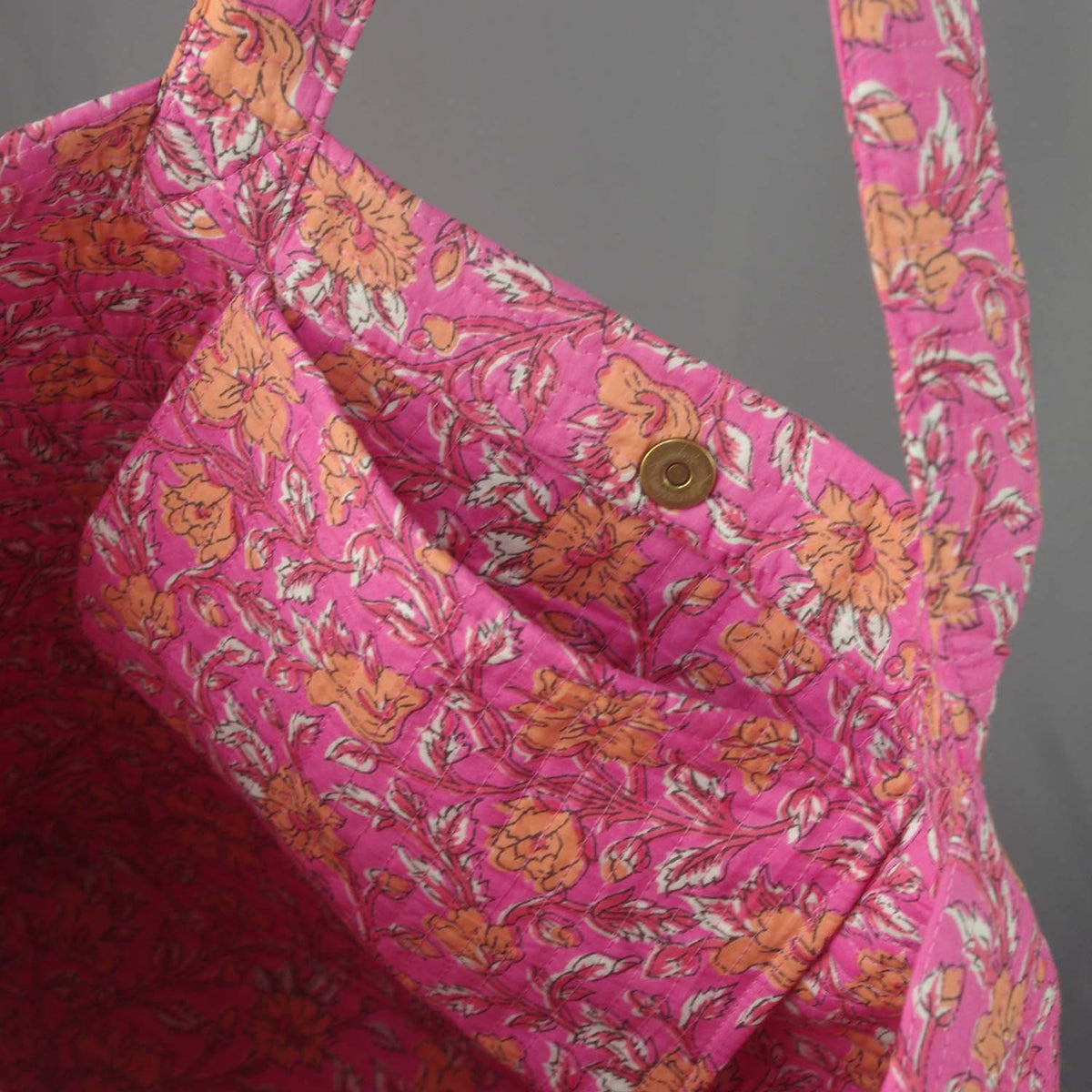 Cotton Quilted Large Shoppping / Beach Bag - Pink Orange Floral Print