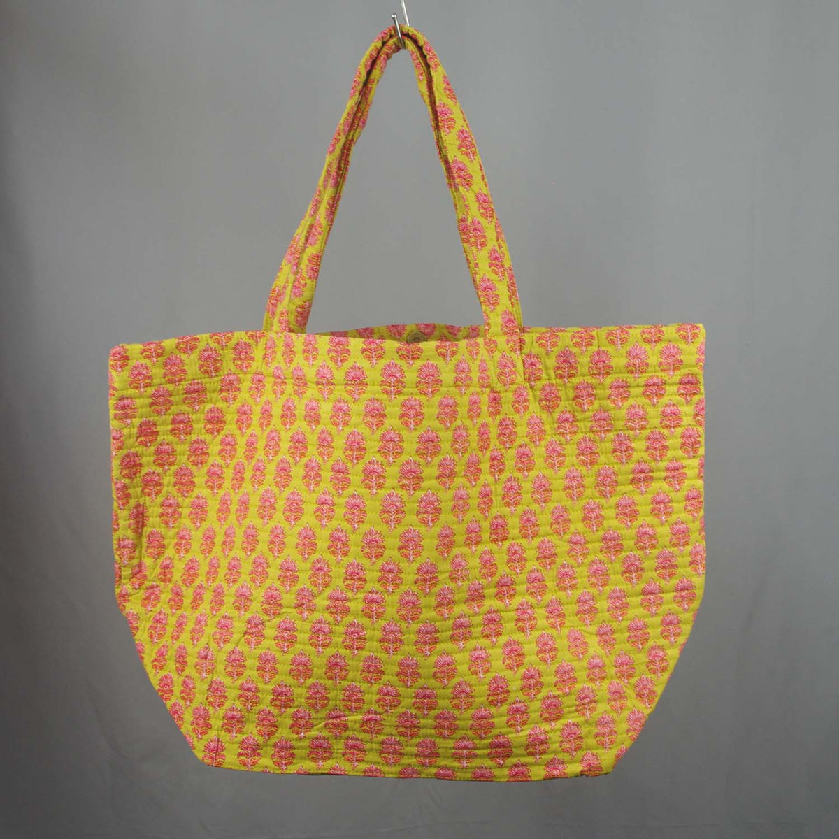 Cotton Quilted Large Shoppping / Beach Bag - Turmeric Yellow Pink Motif
