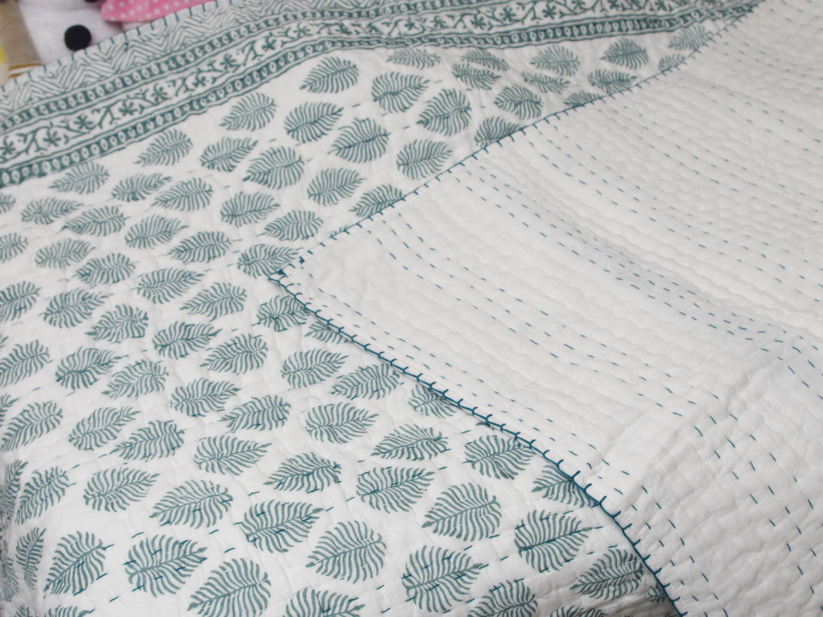 New Baby Pure Soft Cotton Filling Kantha Blanket Quilt - Sage Leaves BQ12