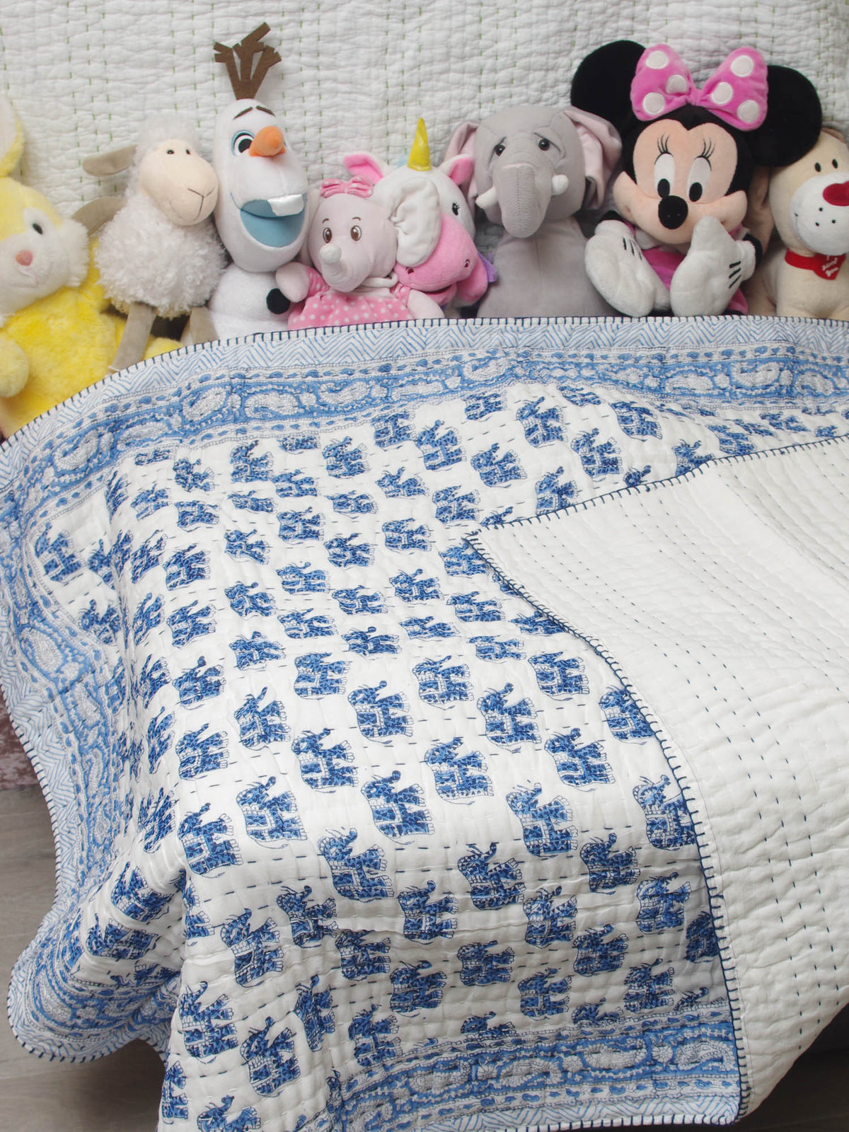 New Baby Pure Soft Cotton Filling Kantha Blanket Quilt - Blue Elephant BQ19