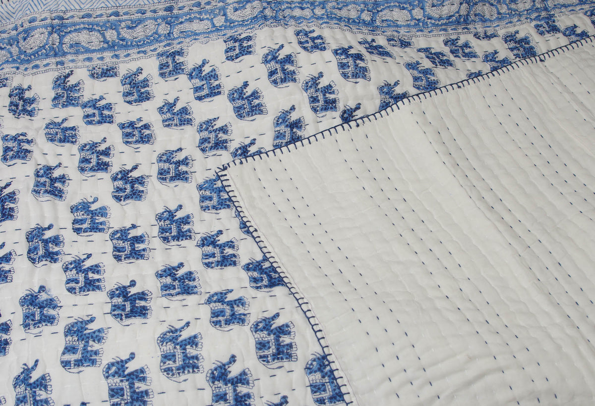 New Baby Pure Soft Cotton Filling Kantha Blanket Quilt - Blue Elephant BQ19