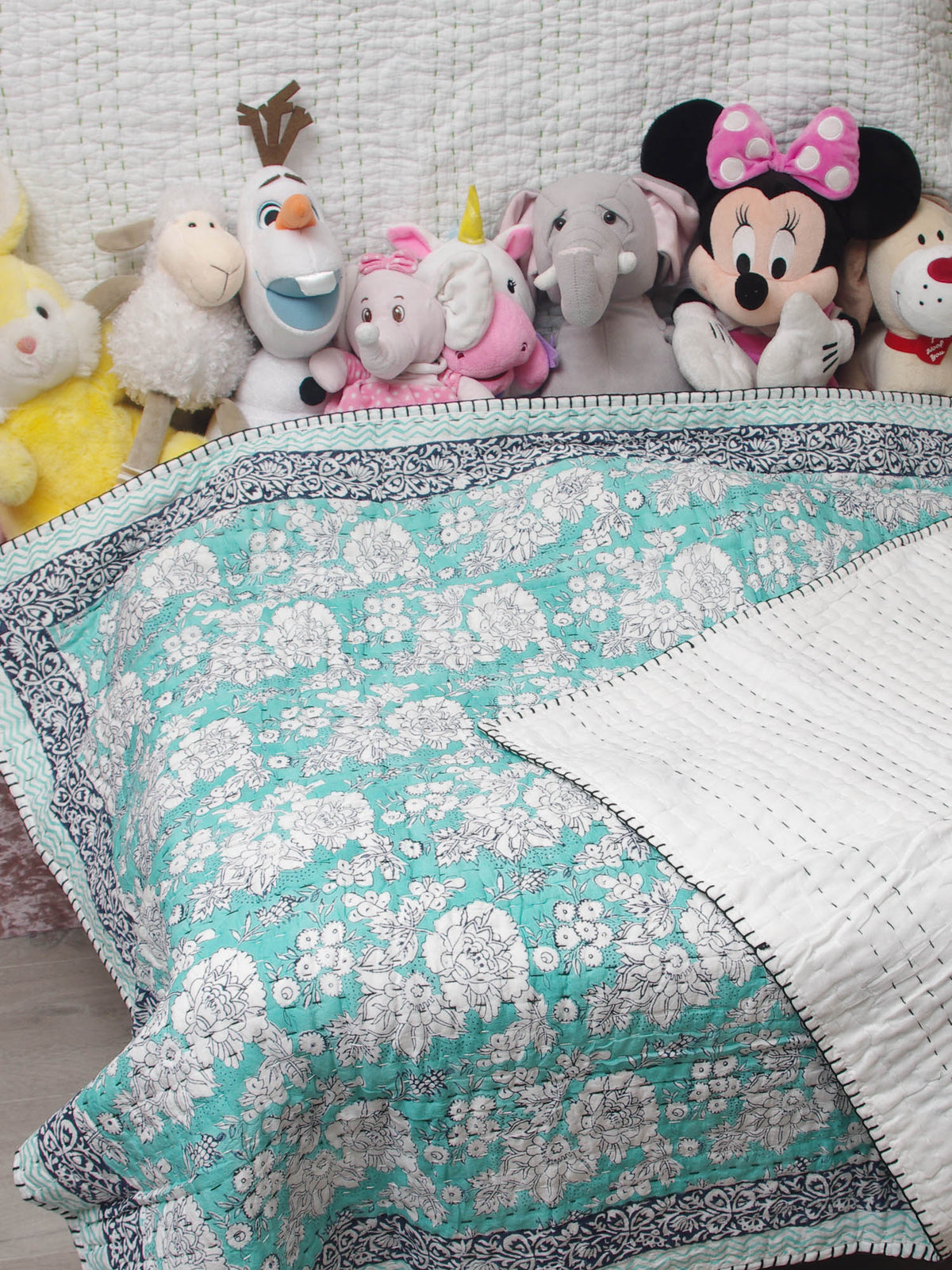 New Baby Pure Soft Cotton Filling Kantha Blanket Quilt - Teal Green  BQ21