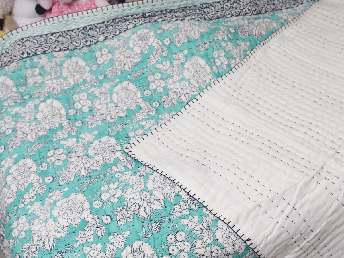 New Baby Pure Soft Cotton Filling Kantha Blanket Quilt - Teal Green  BQ21