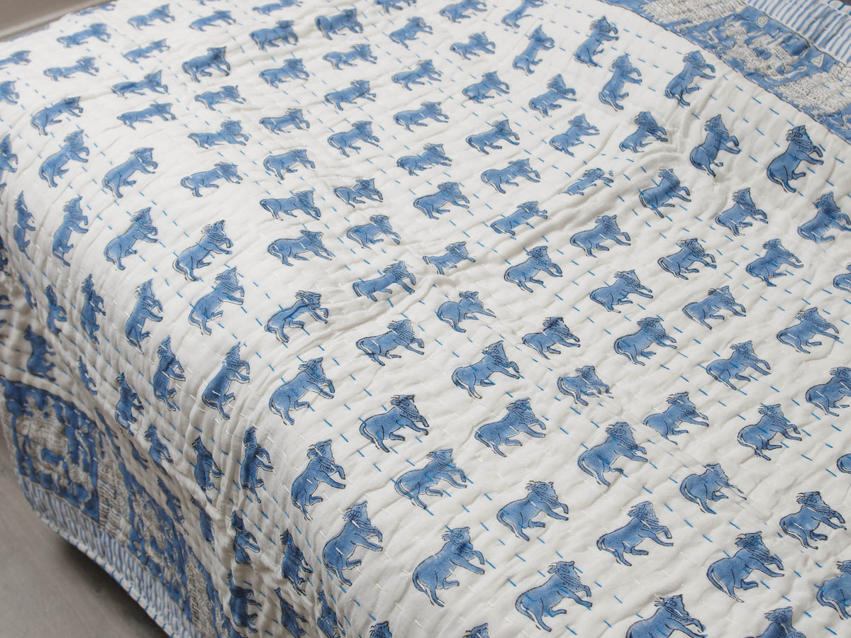 New Baby Pure Soft Cotton Filling Kantha Blanket Quilt - Blue Animal BQ23