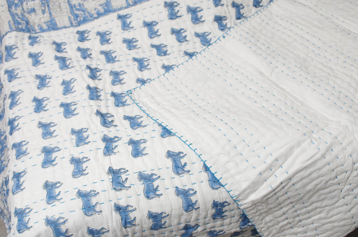 New Baby Pure Soft Cotton Filling Kantha Blanket Quilt - Blue Animal BQ23