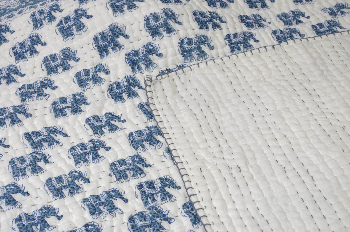 New Baby Pure Soft Cotton Filling Kantha Blanket Quilt - Grey Elephant  BQ5