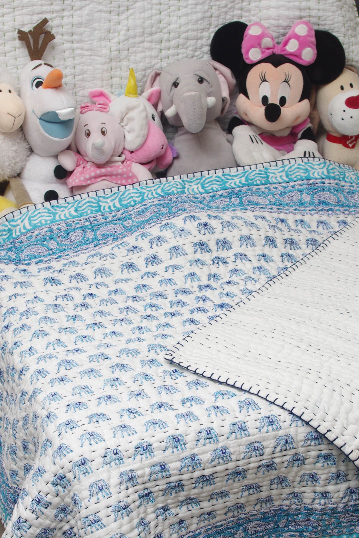 New Baby Pure Soft Cotton Filling Kantha Blanket Quilt - Blue Small Elephant  BQ8