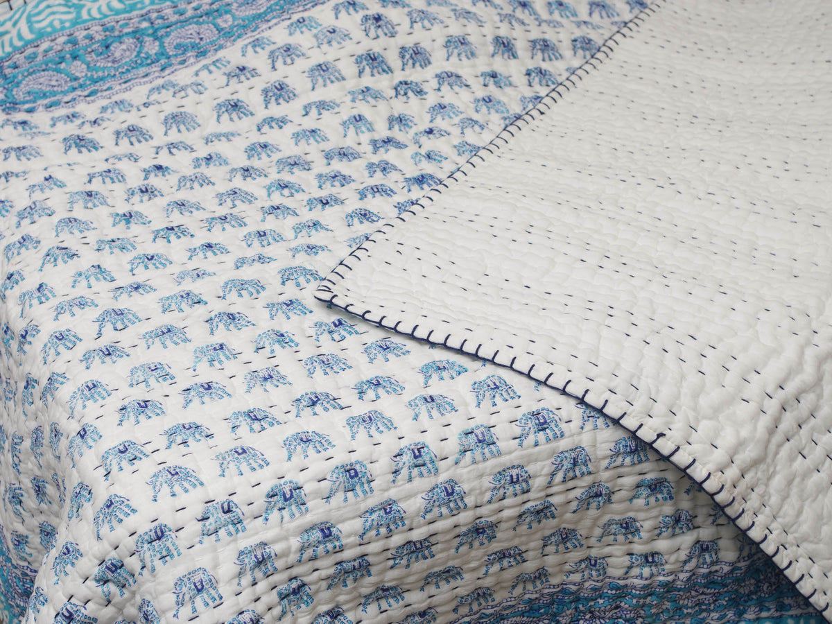 New Baby Pure Soft Cotton Filling Kantha Blanket Quilt - Blue Small Elephant  BQ8