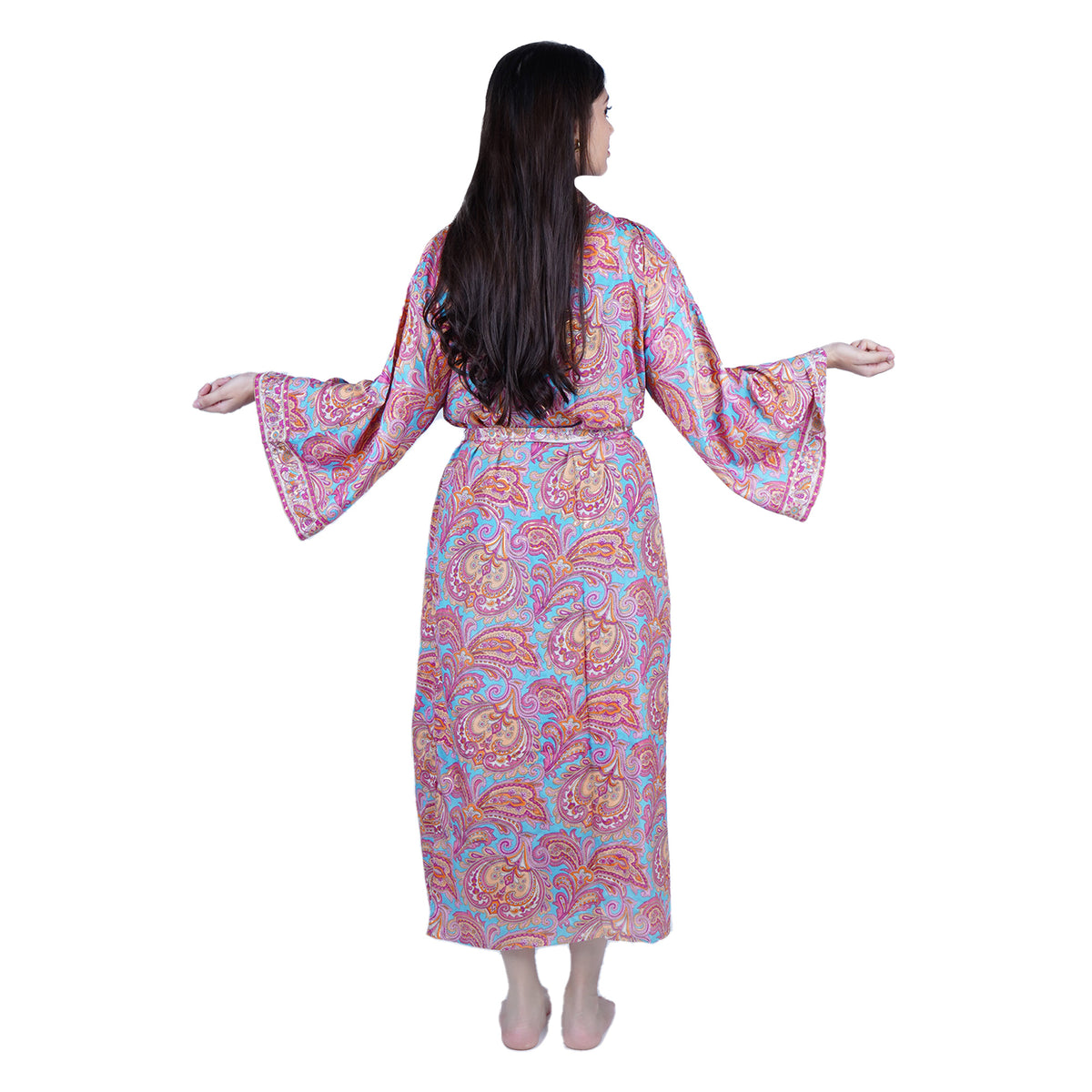 New Luxury Silk Boho Kimono House Robe - Pink & Blue Paisley