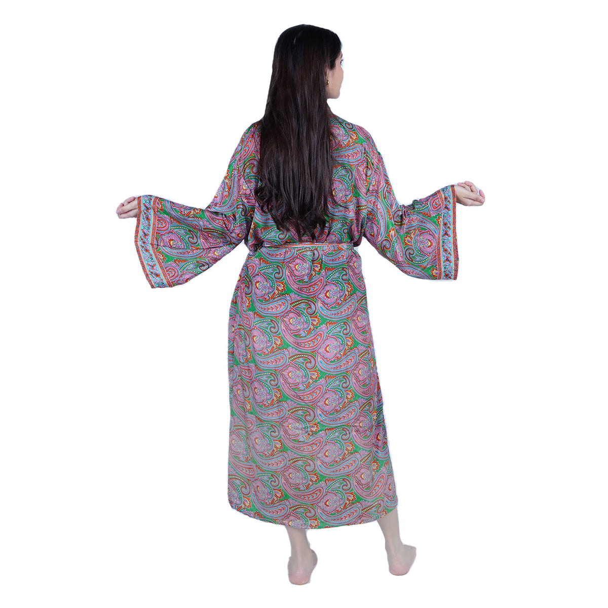 New Luxury Silk Boho Kimono House Robe - Pink Green Paisley