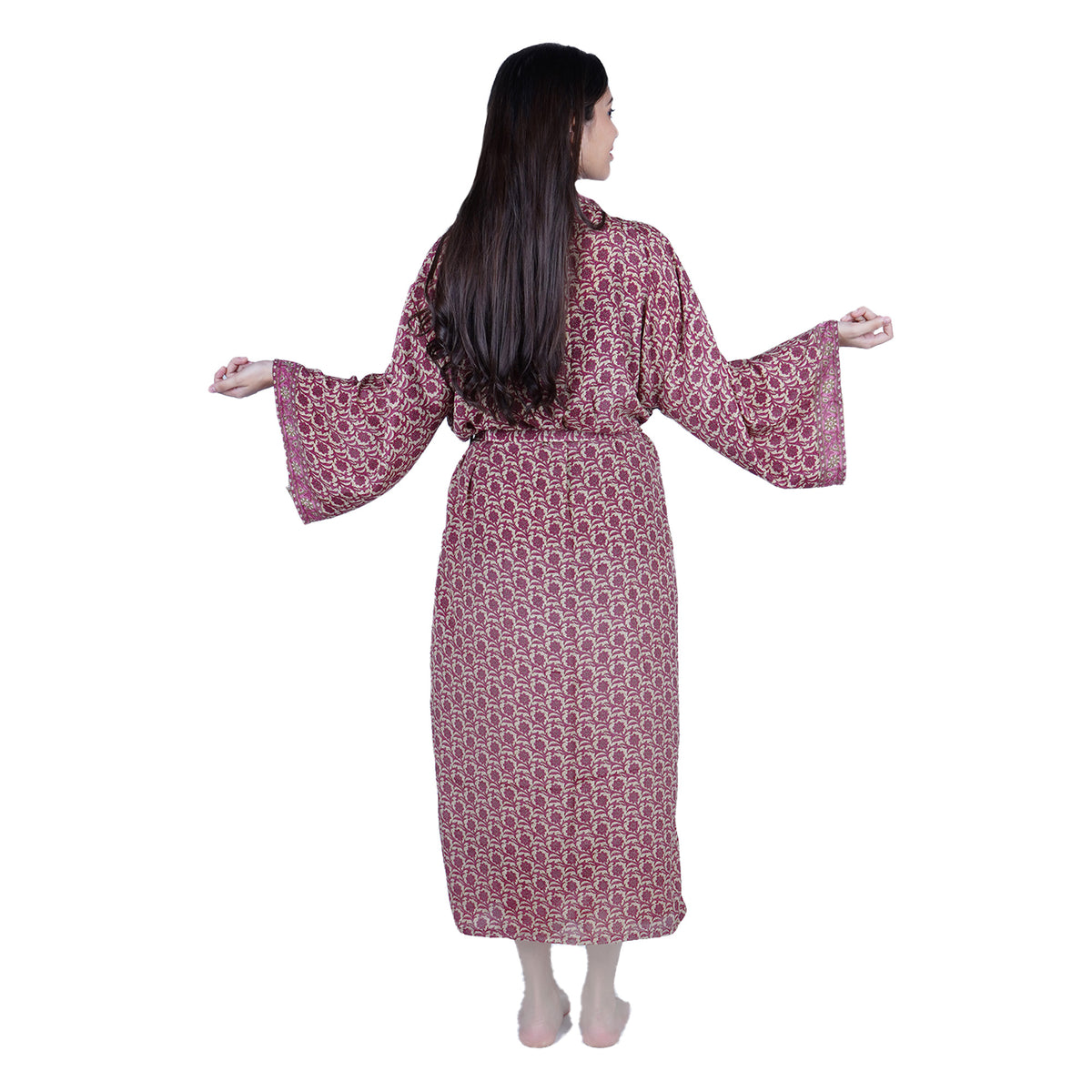 New Luxury Silk Boho Kimono House Robe - Dark Pink Floral Block Print